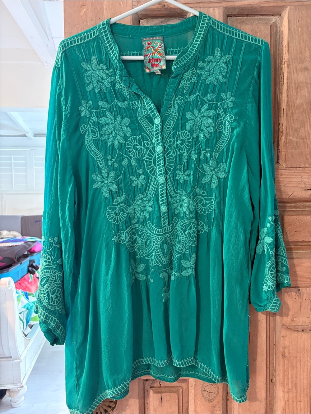 Johnny Was Teal Green Embroidered Tunic